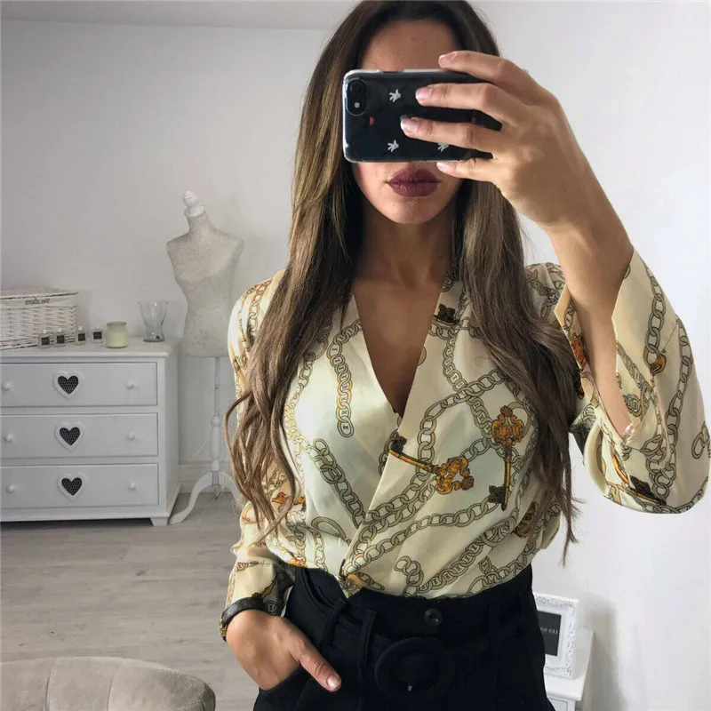 Vintage Fashion Womens Rompers Jumpsuit Long Sleeve Chain Print V-neck Shirt Ladies Clubwear Party Sexy Satin Bodysuits Tops