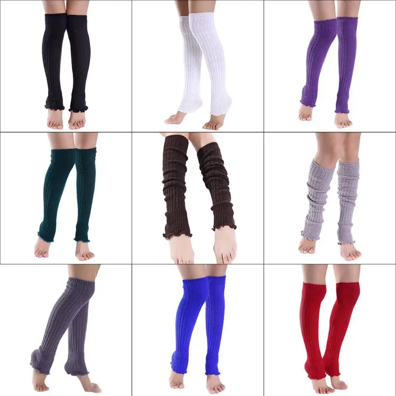 

Women Girls Winter Over Knee High Footless Boot Socks Solid Color Agaric Ruffles Hem Cable Knitted Non-Slip Long Leg Warmers