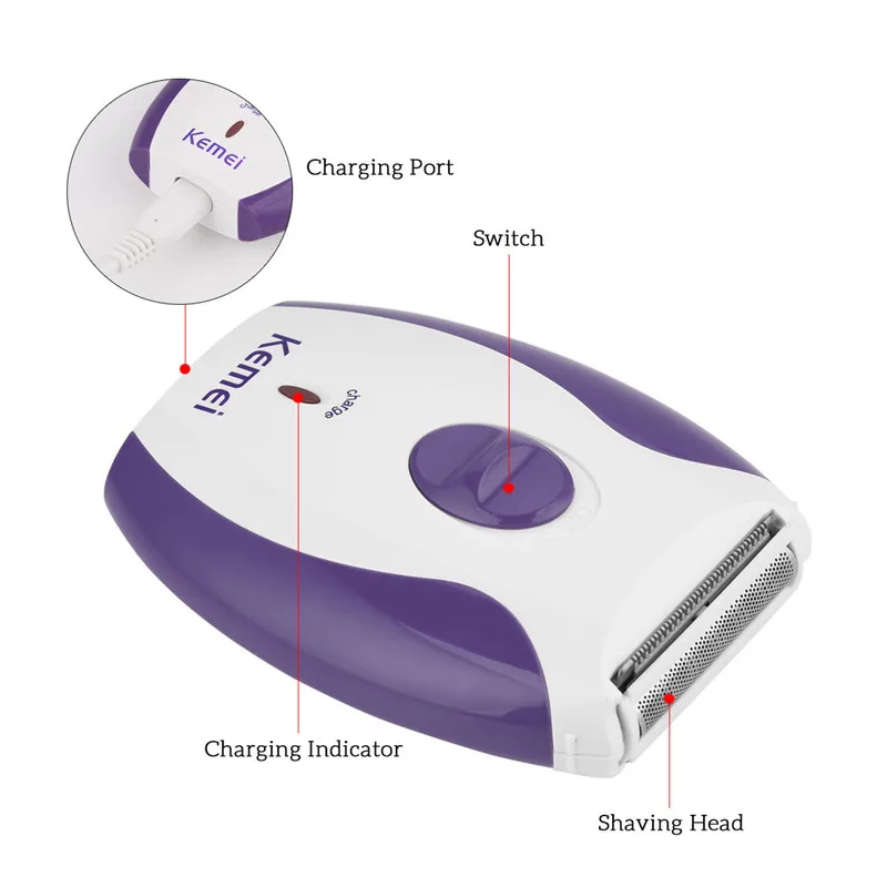 Kemei электрическая Для женщин Бритва для удаления волос триммер Перезаряжаемые для рук ног Бикини подмышек волос станок для бритья леди