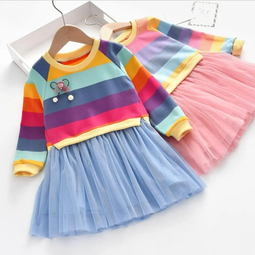 Baby Girls Dress Princess Autumn Sweater Fleece Gauze Tutu Dresses Children Clothing Long Sleeve Rainbow Stripes Dress For Girls girls dress maxi dress princess costume kids clothes