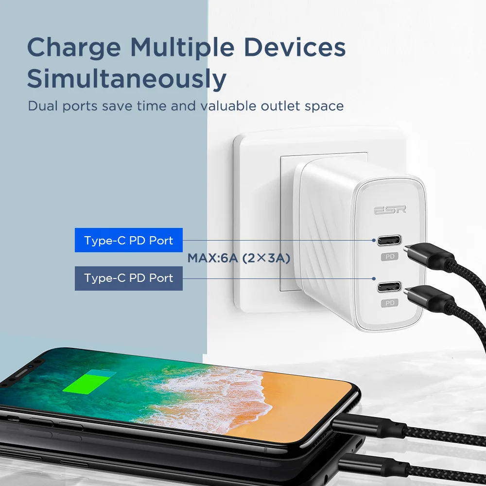 Зарядное устройство ESR с двумя портами USB Type c и поддержкой быстрой зарядки 36