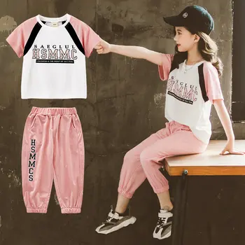 

2020 New Fashion Girls Tracksuit Baby Kids Sport Clothes Set Patchwork Letter Printed Children Clothing Set for 4-13 Years Old