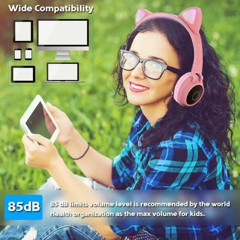 Cat Ear Baby Headphones Headset Wireless Bluetooth 5 0 Stereo Universal Ear Kids Gaming Flashing Glowing With Microphone