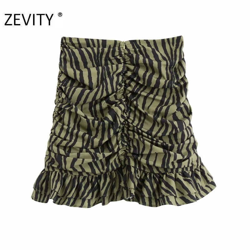 ZEVITY New Women animal pattern print pleated asymmetrical skirt faldas mujer female back zipper chic hem ruffles skirts QUN693