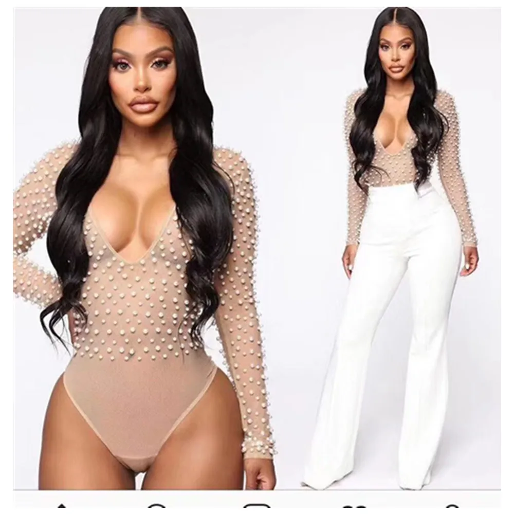

Simly Tara 2023 New Women Winter Bodysuits Sexy Long Sleeve Mesh Beading Pearl Beige Evening Party Bodysuit Swimsuits