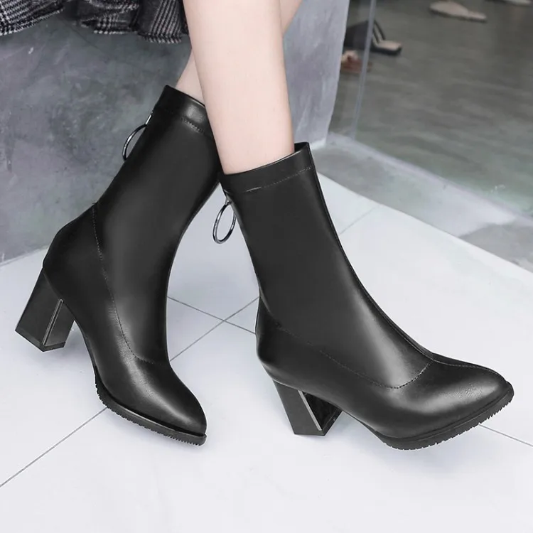 winter The New fashion Round head Thick heel Martin boots Back zipper Sexy pearl Plus velvet Keep warm High heel Women boots