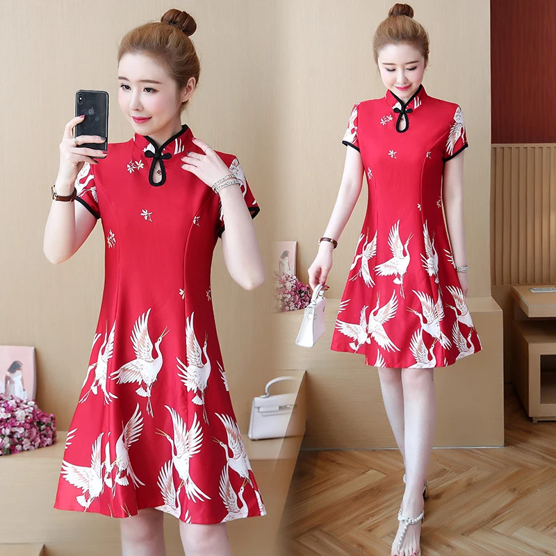 Винтажное китайское платье cheongsam, поступление, женское атласное платье qipao, вечернее платье, mujer vestidos, короткий рукав, принт qi pao