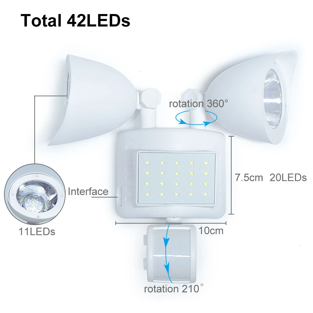 Солнечный светильник 48 светодиодов с двойной головкой, датчик движения, точечный светильник IP65, водонепроницаемый охранный светильник, Индукционная лампа для садовой дорожки