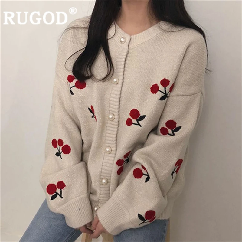 RUGOD Cherry embroidery korean chic sweater cardigans women's 2020 spring o neck pearl buttons loose knit coat female |