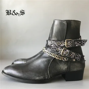 

Handmade high end scarf with chain buckle strap men genuine leather Boots vintage do old personalized men wedge botas