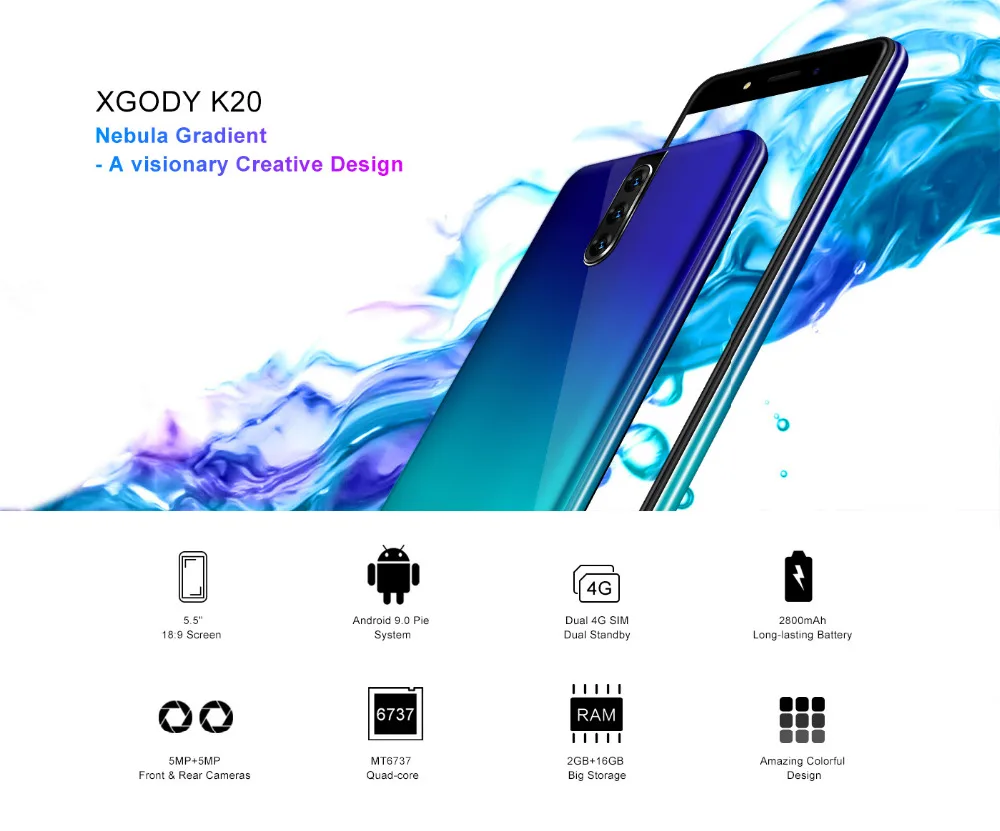 Смартфон XGODY K20 4G 5,5 "18:9 Android 9,0 2 Гб ОЗУ 16 Гб ПЗУ MTK6737 четырехъядерный двойной Sim 5MP камера 2800 мАч WiFi мобильный телефон