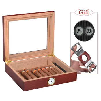 

Glass Top Humidor with Hygrometer Stainless Steel Cutter Holds 15-20 Fingers Spanish Cedar Wood Cigar Box with Black Hygrometer