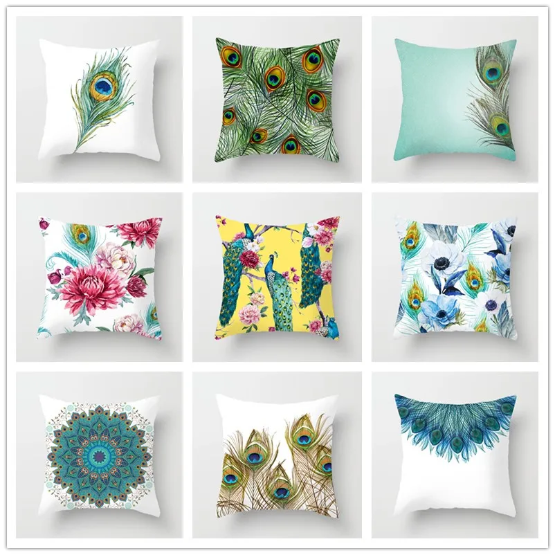 

Peacock Feather Cushion Cover Polyester Flowers Decorative Soft Pillowcase for Living Room Sofa Couch 45*45 Home Bedroom Decor