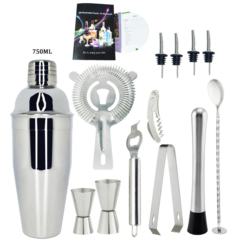12Pcs 750ML Areyoukan шейкер набор из нержавеющей стали 1-13 шт Профессиональный набор инструментов для бара с подставкой для стойки и книга рецептов коктейлей - Цвет: 12Pcs 750ML