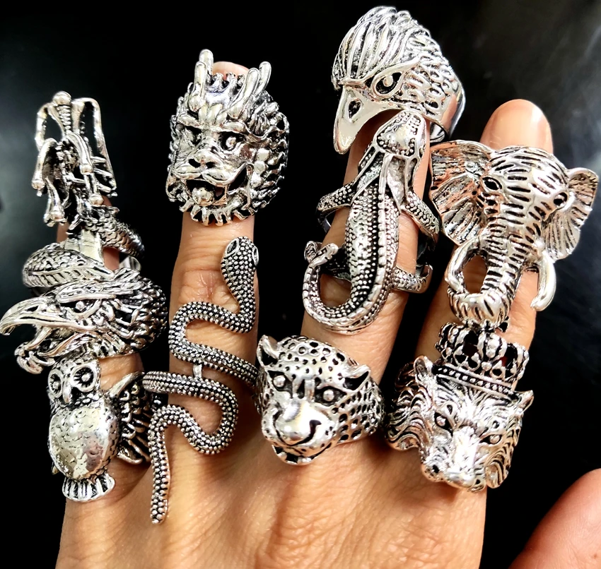 25pcs/lot Animals Rocker Biker Man Ring Dragon Snake Elephant Owl Big Men Ring Party Gift Wholesale Mixed 2