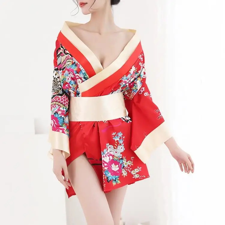 Японский стиль сексуальное женское белье атласная Лоскутная ночная рубашка с v-образным вырезом женский шелковый пояс для кимоно Банный халат ночная рубашка