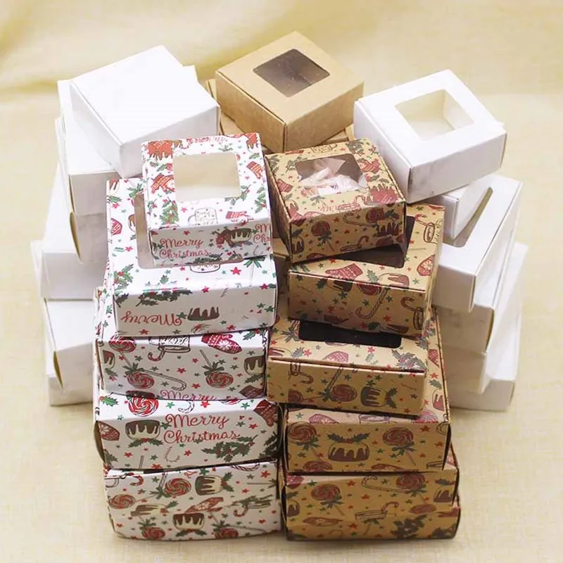 Caja con ventana para regalos, caja con ventana estilo marmoleado, suministros para fiesta, feliz estampado de Navidad, 10 unidades, 9x9x4cm/8x8x4cm