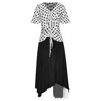 

HIGH QUALITY Newest 2020 Fashion Runway Suit Set Women's V-Neck short sleeve Dot Drape Blouse Top Asymmetrical Skirt set