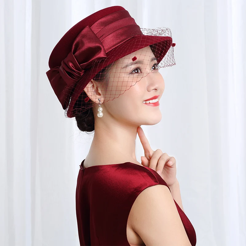 H3525 женская шляпа Fedoras, Женская осенне-зимняя теплая Модная кепка, женская утепленная Кепка в Корейском стиле, с бантом, с сеткой, для банкета, вечерние, элегантные кепки s