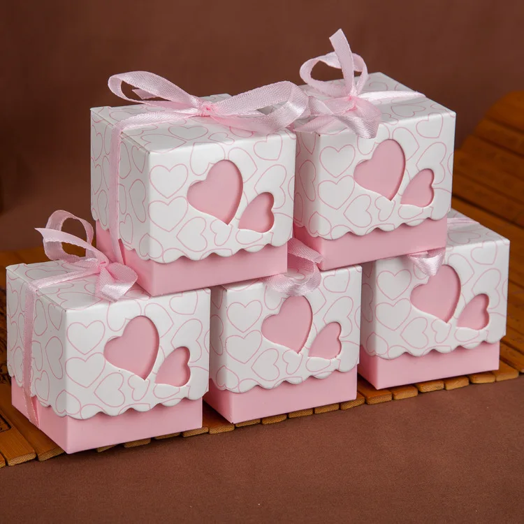 

Newest Pink Double Heart Wedding Candy Box Wedding Party Favors And Gifts Boxes with Ribbon Free Shipping