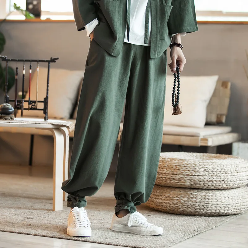 5XL осень зима мужские тренировочные брюки лен в стиле гарема с широкими штанинами