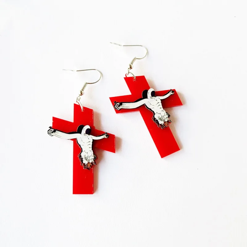 Exaggerated Big Red Cross Jesus Acrylic Earrings Horrible Cool Punk Dangle for Women Men Night Club Party Jewelry | Украшения и
