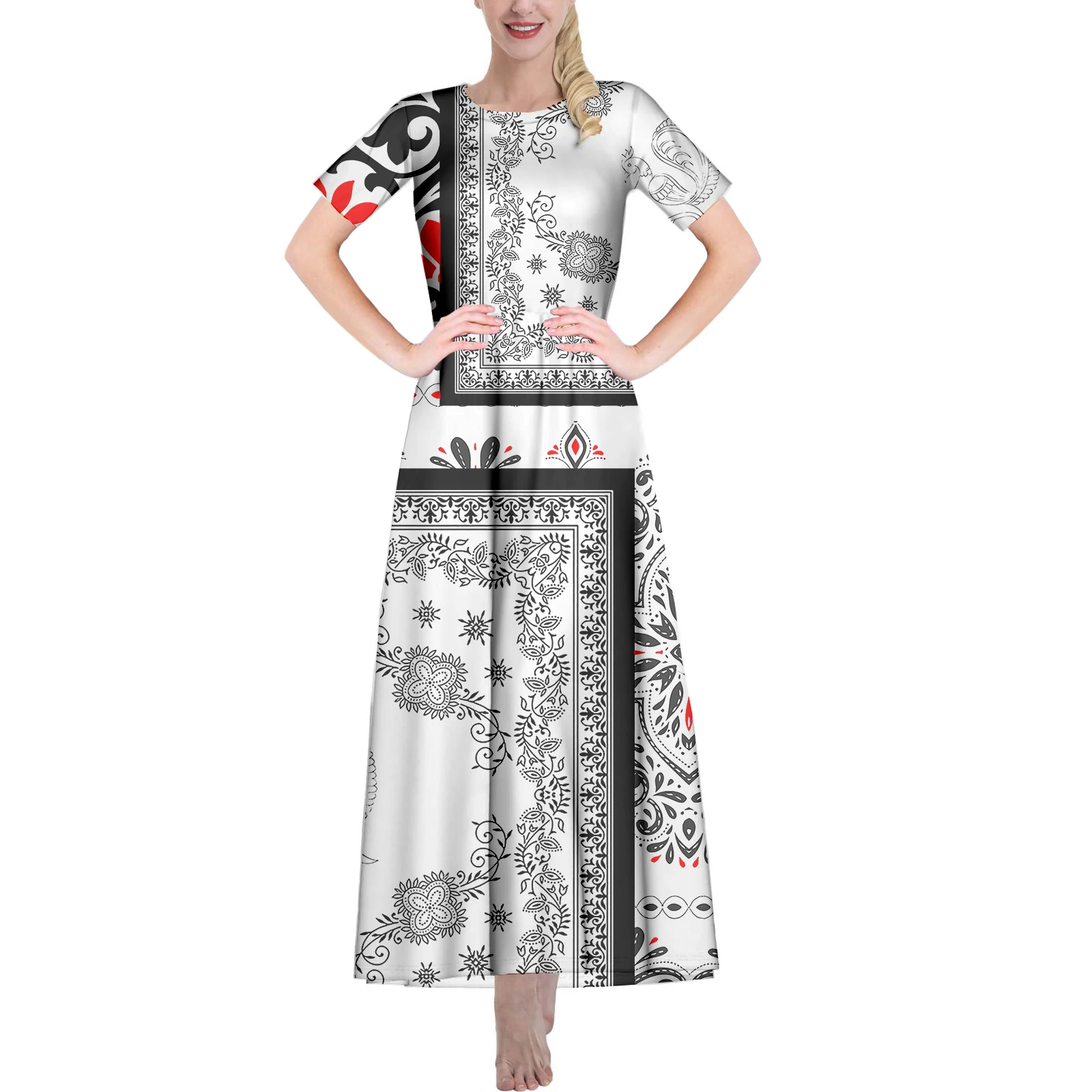 

Bandana Design Women Round Neck Classy Maxi Long Dress Cashew Nut Pattern Vintage Summer Chic Floor-Length Skirt Factory Custom