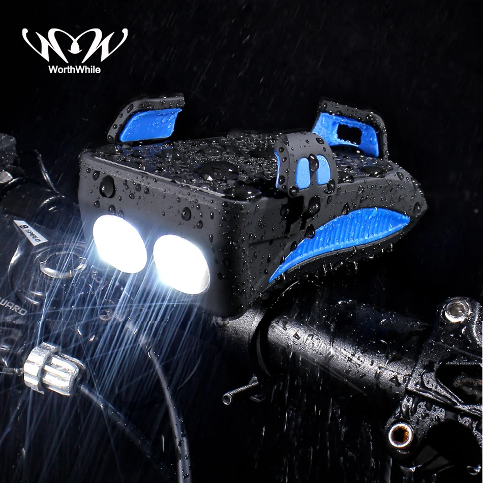 

WorthWhile 4 in 1 Bike Headlight USB Chargeable Phone Holder LED 130DB Bicycle Bell Front Light Power Bank with Speaker