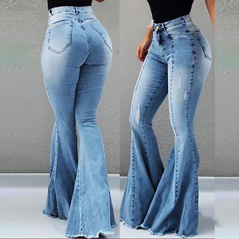 GAOKE модные джинсовые расклешенные брюки женские ретро джинсы брюки леди случайный звонок-низ расклешенные брюки женские