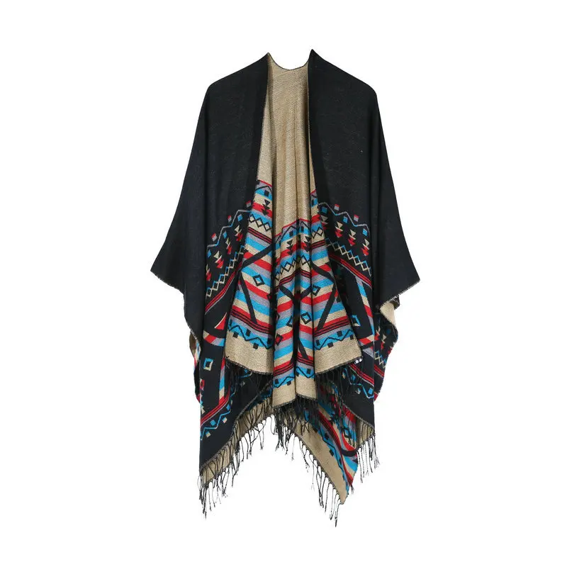 Europe And America Hot Sales New Style Geometry Color Stripes Faux Cashmere Tassels Cloak Shawl Thick Warm