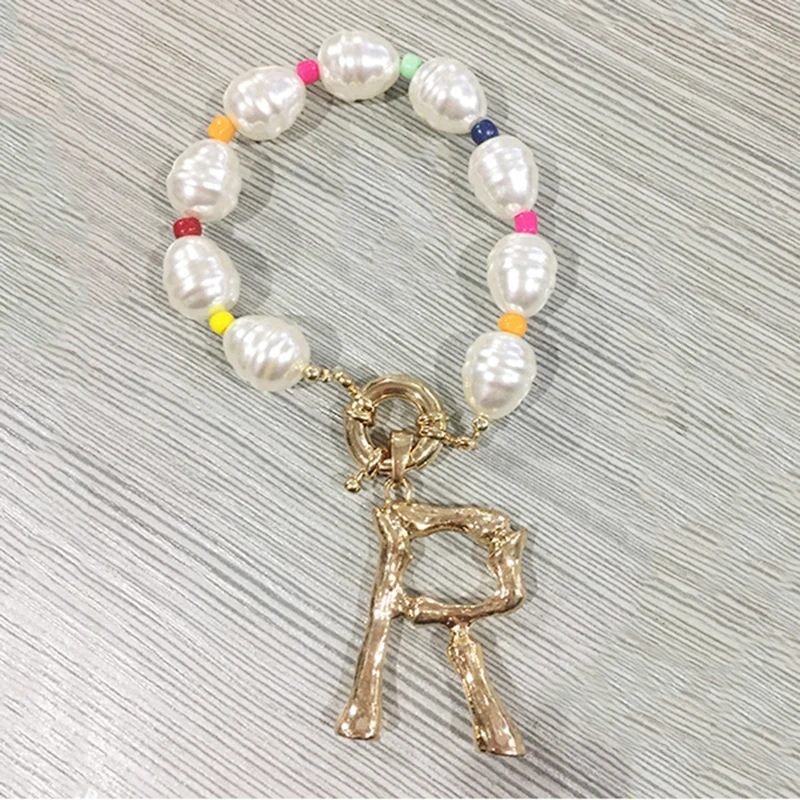 Baroque Gold Alphabet Pearl Bracelet Fashion Statement Customized English Letters A-Z Couple Bracelets Bransoletki Damskie
