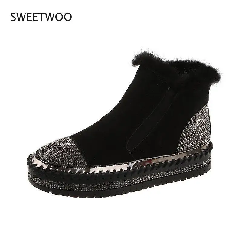 Women Real Mink Fur Warm Shoes Crystal Hand Stitching Luxury Footwear  Winter Slip-on Platform Flats