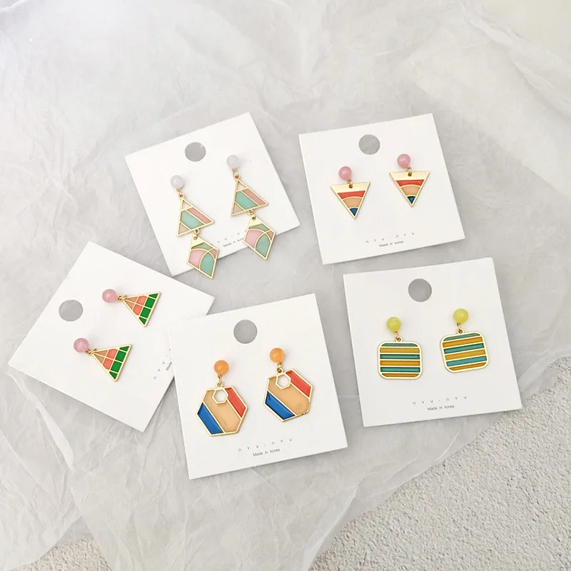 

Korea Contrast Color Bohemian Geometric Color Mosaic Triangle Square Drop Earrings For Woman Fashion Jewelry