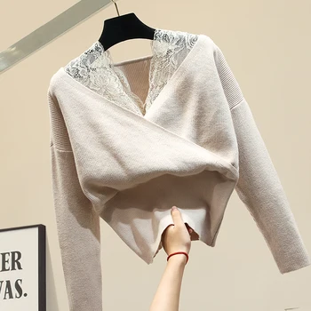 

Lace Splicing Pullover Sweater Women's New Autumn and Winter Runway Knitted Top Thickened Sweater Ladies Jumper Knitting Pull