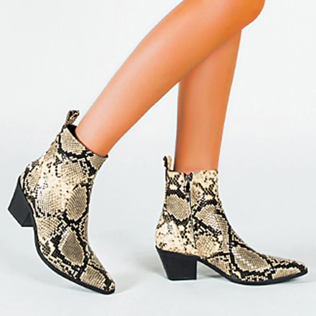 

Snakeskin Ladies ankle boots Winter Fashion Pointed Short Boot Side Zipper Short-Tube High Heels Casual Shoes botas de mujer