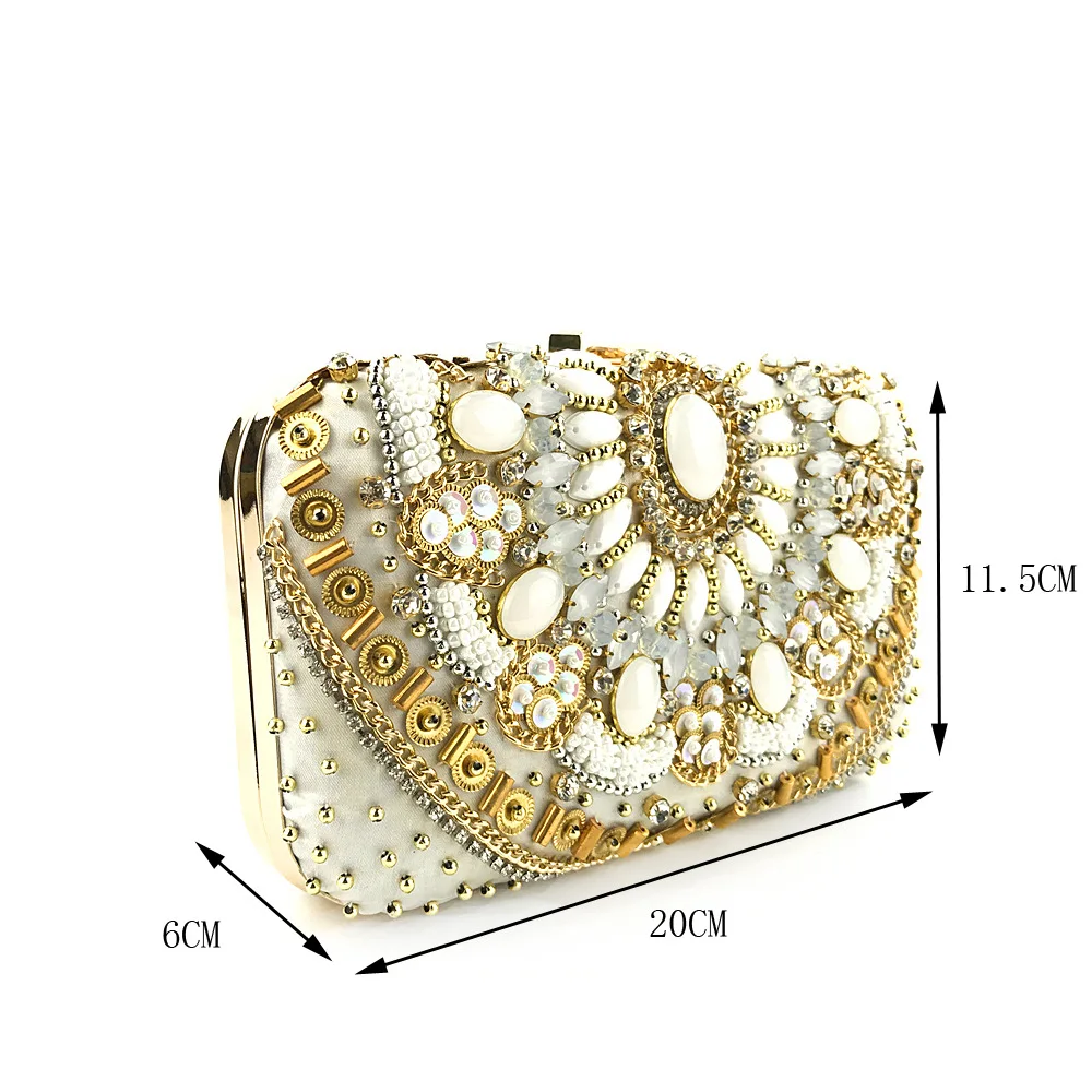 Luxy Moon Bead Embroidered Gold Satin Clutch Bag with Handle Size