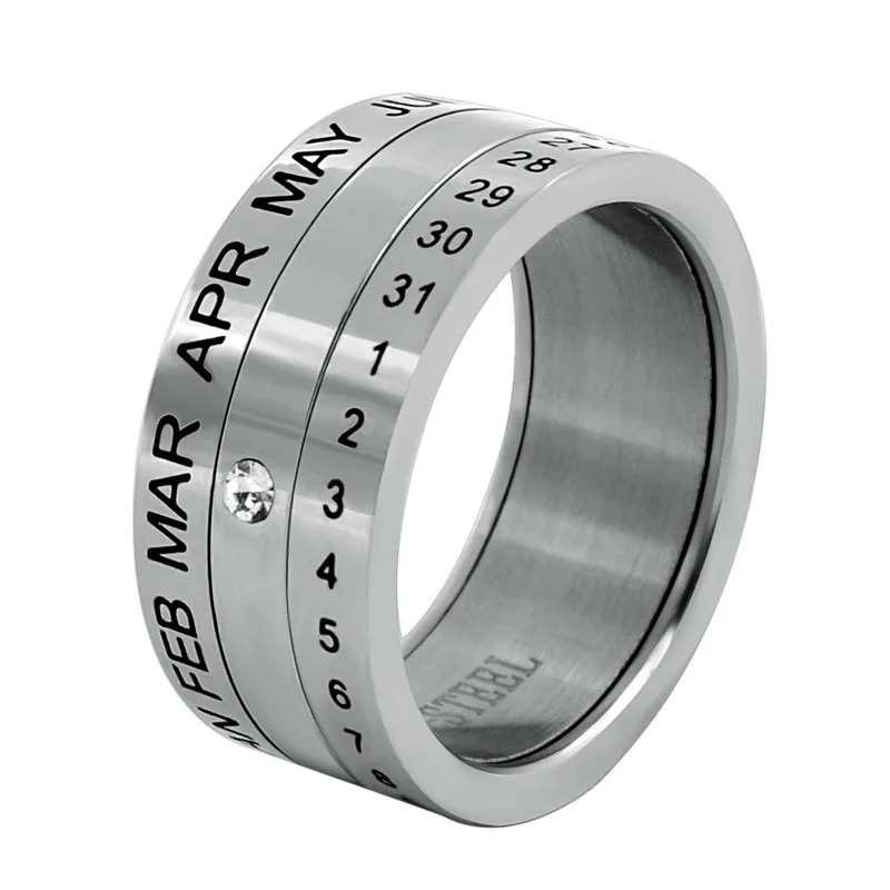 

Punk Rotatable Date Time Calendar 3 Part Roman Numerals Stainless Steel Rings for Men Lovers Spinner Bijoux with Crystal