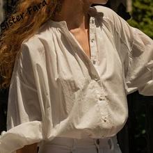 

Sister Fara Chic Shirt Cotton Shirring Spring Women's Loose Stand Collar Solid Blouses Autumn Ladies Lantern Sleeve Casual Shirt