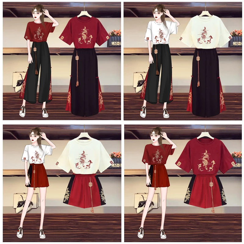 Chinese Dress Martial Arts Clothing Japanese Harajuku Tee Tops Chinese Style Tang Suit Women Casual T-Shirt Wide Leg Kung Fu Pants Set Oriental Clothing