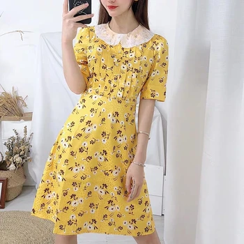 

Elegant little daisy floral print women dress 2020 new lace peter pan collar short sleeve sweet lady mini dress