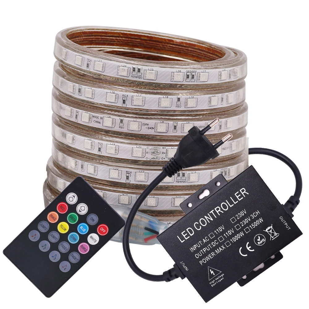 RGB светодиодный ленточный светильник AC 220 В SMD 5050 60 светодиодов/м гибкая лента