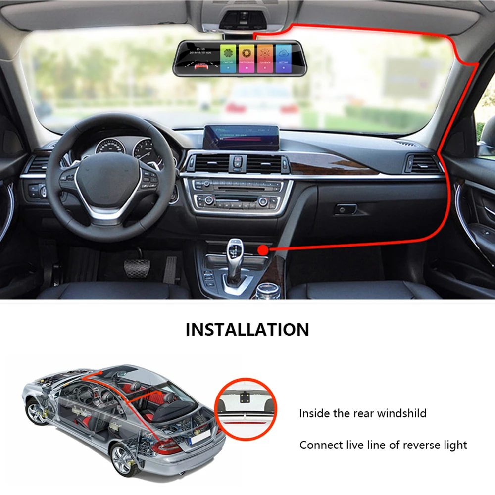 10" Touch Screen 1080P Full HD Car DVR Dash Camera Dual Lens Auto Camera Video Recorder Rearview Mirror with Real View Camera