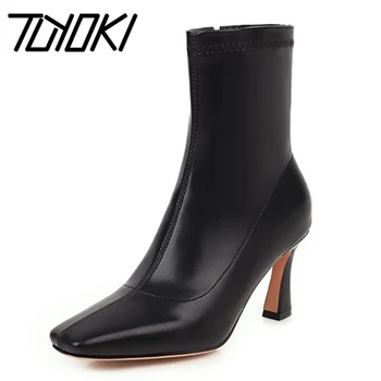

Tuyoki Size 34-43 Women Ankle Boots Thick High Heel Square Toe Zipper Shoes Winter Warm Boots Women Fashion Party Footwear