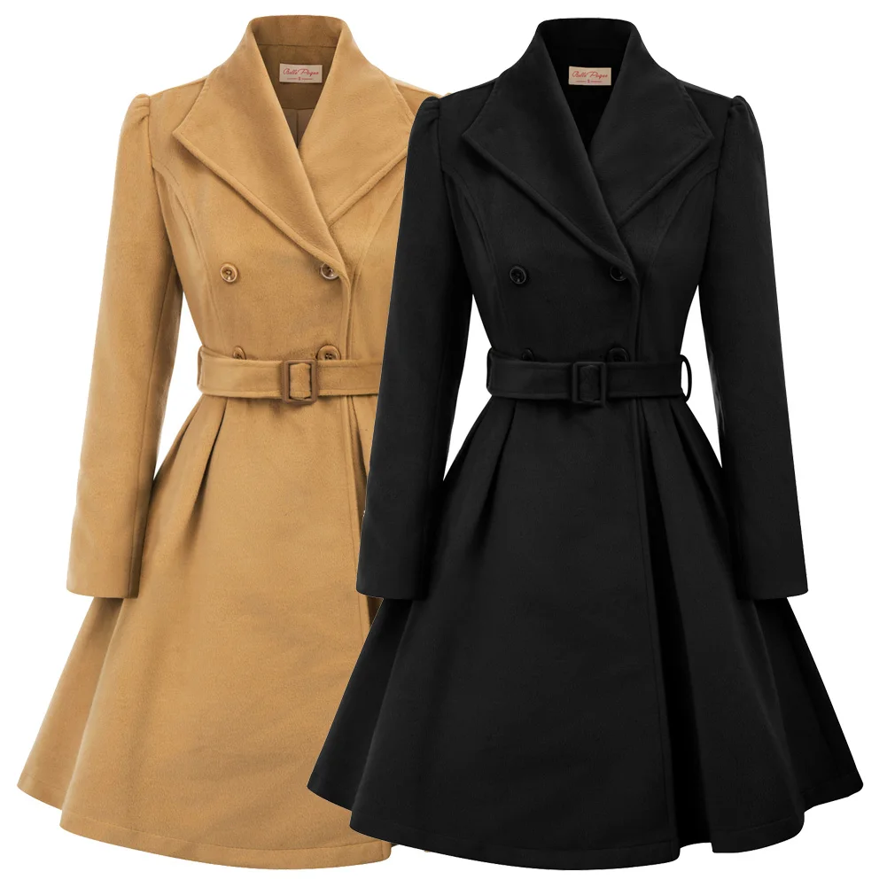 BP женское пальто с воротником с лацканами, шерсть, длинный рукав с буфами, пояс, украшенный ретро, Осень-зима, элегантное пальто свободного размера плюс