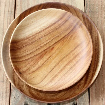

2Pcs Round Wood Plate Whole Acacia Wood Fruit Dishes Wooden Saucer Tea Tray Dessert Dinner Breakfast Plate Tableware