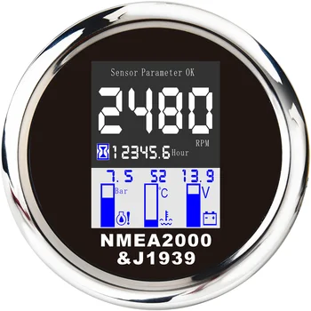 

85MM NMEA 2000 4 in 1 Multi-functional Gauge Digital Tachometer Voltmeter Water Temp Oil Pressure 0~10 Bar With Alarm 9-32V