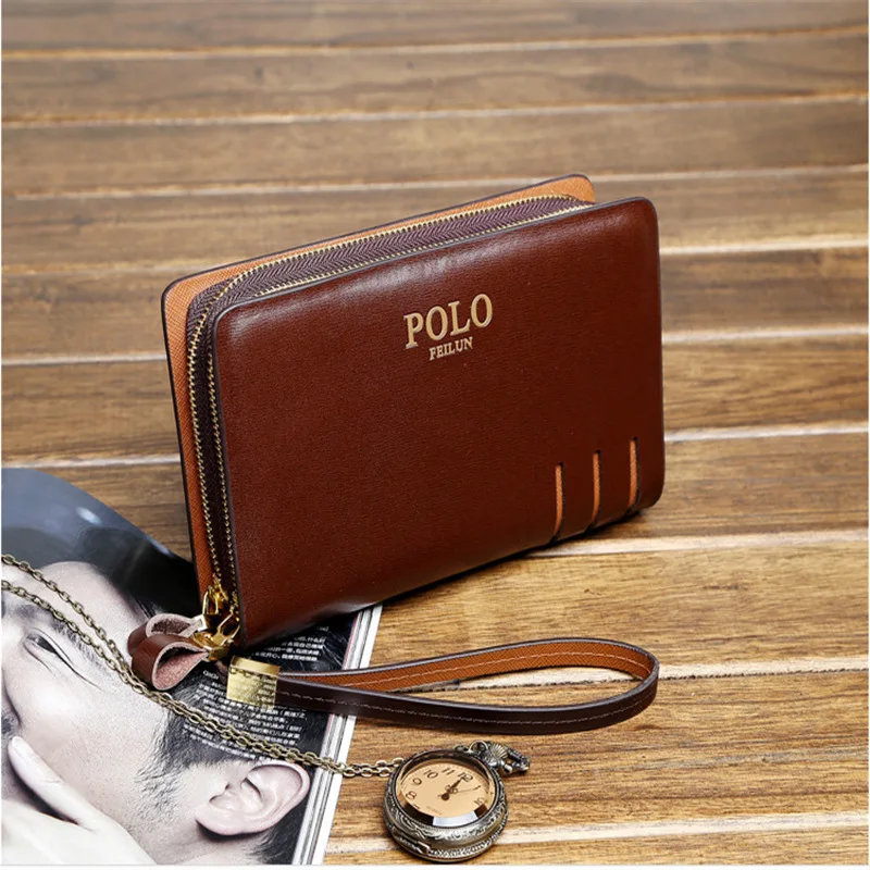 

One Polo 2017 New Style Pure Leather Soft Handbag Genuine Leather Long Wallet Clutch Double Pull Business Wallet Brand Men's Bag