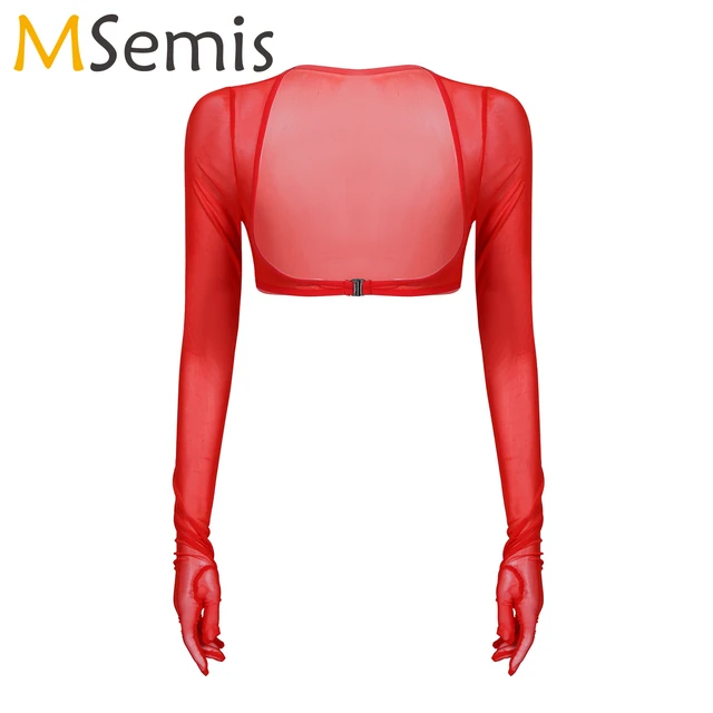 Women See-through Crop Top Long Sleeve Mesh Gloves Top Short Tee Shirt  Clubwear