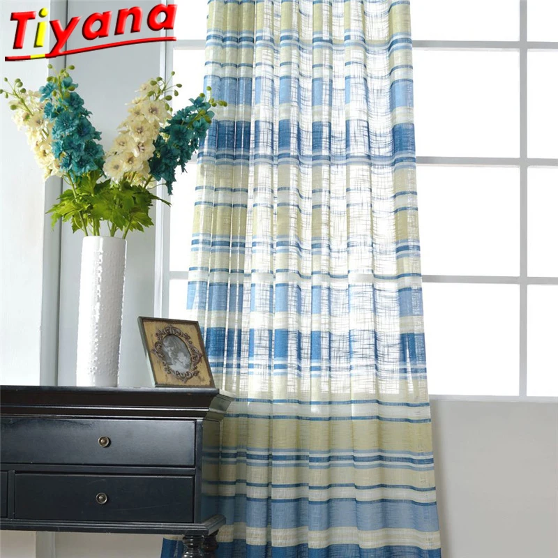 Yellow /Blue Striped Modern Curtain For Living Room Linen Semi Blackout