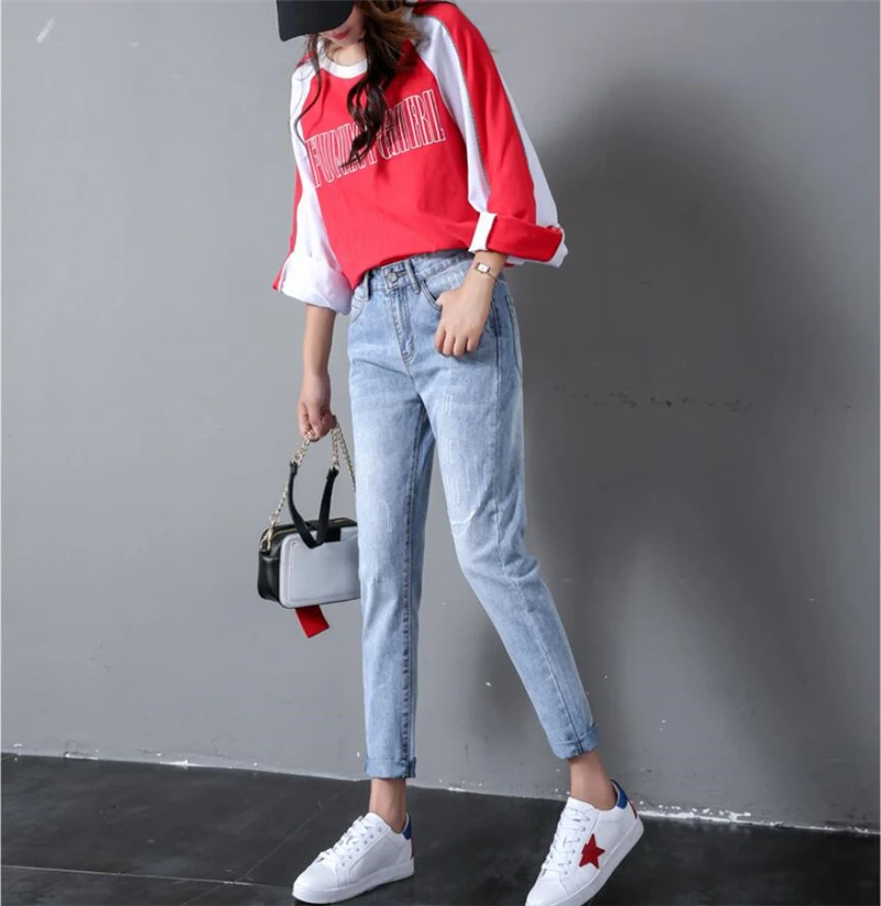 Normal Light Blue SZMALL, новинка, узкие джинсы-карандаш с высокой талией для женщин, повседневные длинные брюки с дырками, женские джинсы с царапинами - Цвет: Normal Light Blue
